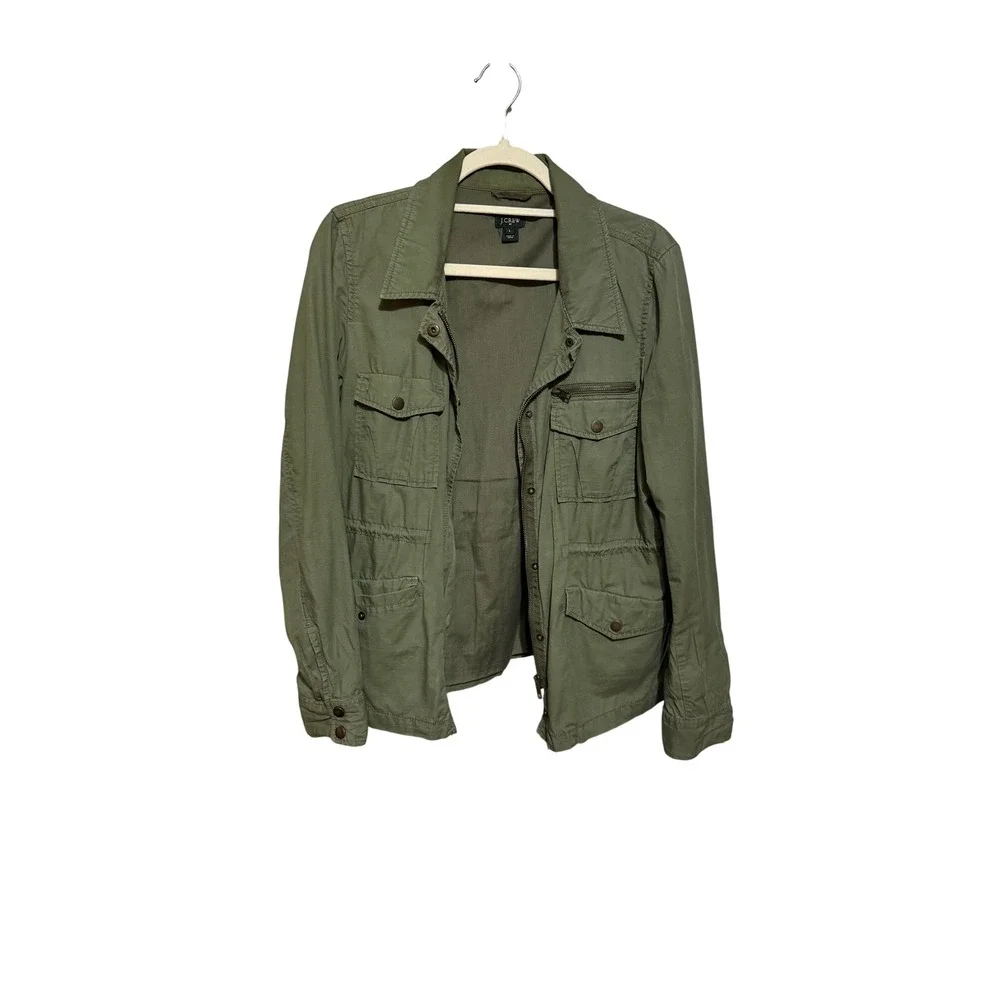 J Crew‎ Utility Jacket Military Green Cargo Pockets Zip Snap Button Sz L
